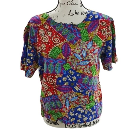 VINTAGE Colorful Abstract Shirt 90s Retro Short Sleeve Womens Blouse - Picture 1 of 5
